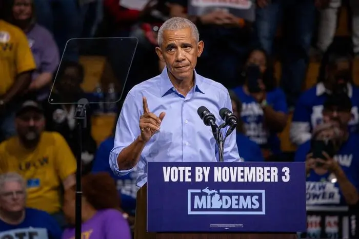 Former US President Barack Obama speaks during a midterm campaign rally as he campaigns alongside Michigan Senate candidate Abdul El-Sayed in Detroit, Michigan on October 24, 2026. (Photo by Bill Pugliano / AFP)