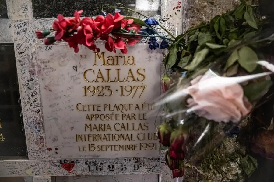 epa12308581 The plaque of Greek opera singer Maria Callas at the columbarium at Pere-Lachaise Cemetery in Paris, France, 18 August 2025. Pere-Lachaise is the largest cemetery in Paris, with around 70,000 graves and many famous people buried there. It receives more than three and a half million visitors each year, making it the most visited cemetery in the world. EPA/CHRISTOPHE PETIT TESSON