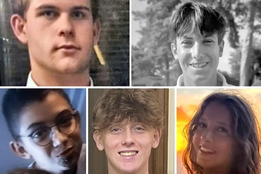 The victims of Crans Montana. Front row from left: Achille Osvaldo Giovanni Barosi and Emanuele Galeppini. Second row from left: Riccardo Minghetti, Giovanni Tamburi and Chiara Costanzo.