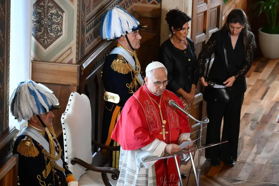 Papa Leone XIV durante l\\'incontro nella sala del Consiglio Grande e Generale di Palazzo Pubblico di San Marino. , ANSA
