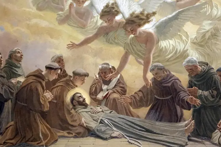 L\\'affresco di Domenico Bruschi sulla parete esterna della cappella del Transito, ad Assisi, rappresenta l\\'accoglienza di San Francesco alla \"sorella morte\" , ANSA
