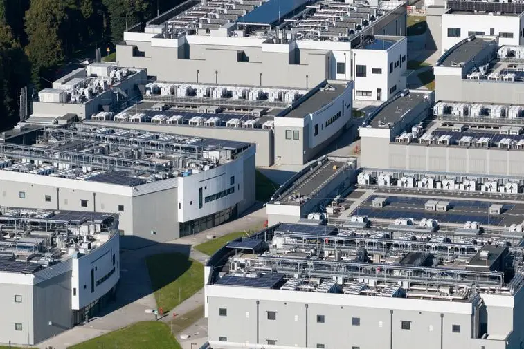 Milan data center 04, colocation and hosting. IT and data infrastructure. Aerial drone photo of the campus.