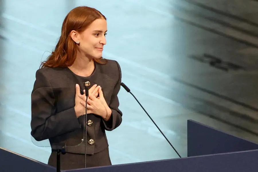 Ana Corina Sosa Machado, daughter of Venezuelan opposition leader Maria Corina Machado, delivers a speech as she receives the Nobel Peace Prize on behalf of her mother, in Oslo, Norway December 10, 2025. REUTERS/Leonhard Foeger TPX IMAGES OF THE DAY