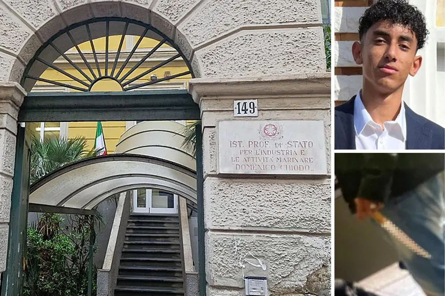 Nella combo, in alto Abanoub Youssef, 19 anni, morto all\\'Ospedale S. Andrea; in basso, il ragazzo compagno di scuola fermato con l\\'accusa di averlo accoltellato all\\'addome; e l\\'ingresso dell\\'istituto professionale \\'Domenico Chiodo\\' a La Spezia dove \\u00E8 avenuta l\\'aggressione. Facebook / Abanoub Youssef - ANSA - Bonatti , ANSA