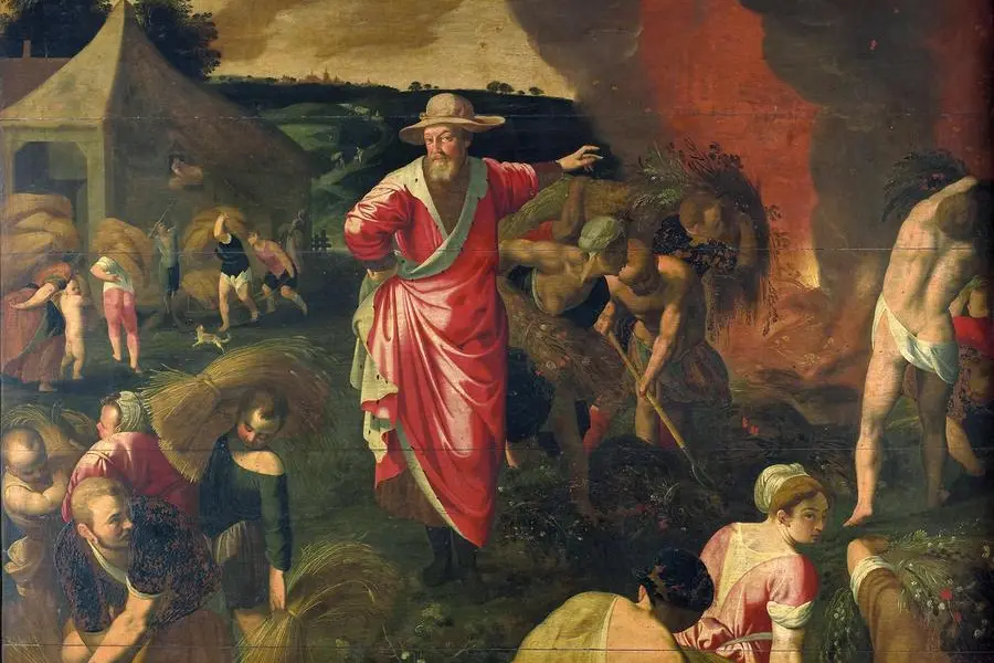 XOS9010071 Parable of the Weeds among the Wheat, 1590-1610 (oil on panel) by Swanenburgh, Isaac Claesz (1537-1614); 129.4x148 cm; Rijksmuseum, Amsterdam, The Netherlands; (add.info.: The parable of the tares among the wheat (Matthew XIII). In the middle a standing farmer who, during harvesting, directs the field workers with sheaves of weeds to a pyre where the weeds are burned; however, the sheaves of wheat are collected and stored in a storehouse on the left. Painting by Isaac Claesz. van Swanenburg). , Bridgeman Images