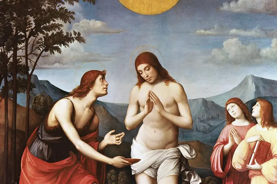 XIR898201 The Baptism of Christ (oil on panel) by Francia, (Francesco di Marco Raibolini) Il (1450-1517); Gemaeldegalerie Alte Meister, Dresden, Germany; (add.info.: Baptism of Christ). , Bridgeman Images