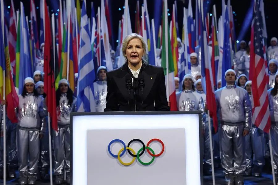 Milano Cortina 2026 Olympics - Opening Ceremony - San Siro Stadium, Milan, Italy - February 06, 2026. IOC President Kirsty Coventry gives a speech during the opening ceremony REUTERS/Yves Herman/Pool