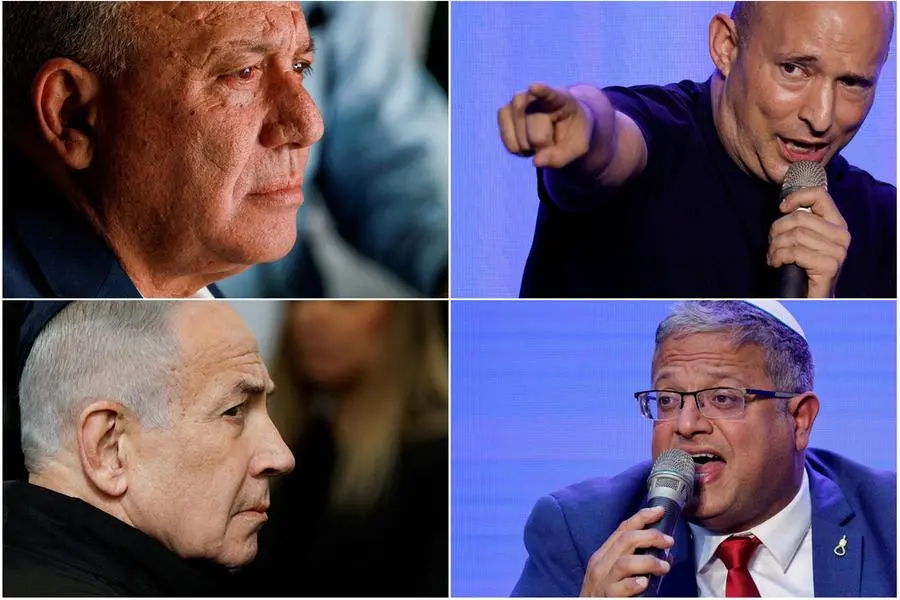 Un fotomontaggio riunisce quattro protagonisti della politica israeliana e delle elezioni parlamentari del 27 ottobre 2026: da sinistra in alto, in senso orario: Gadi Eisenkot, leader del partito Yashar; l’ex premier Naftali Bennett, alla guida dell’alleanza Beyachad, Itamar Ben-Gvir, ministro della Sicurezza nazionale e leader del partito Potere ebraico e il primo ministro uscente Benjamin Netanyahu