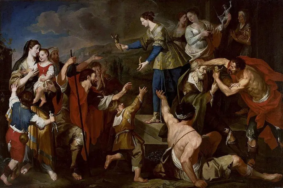 Anonimo fiammingo, Santa Cristina dona gli idoli d'oro del padre ai poveri, prima metà del XVII secolo. Museo nazionale di Varsavia.