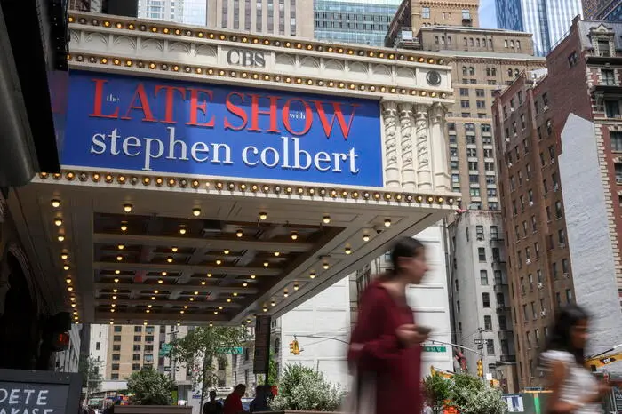 epa12245877 The Ed Sullivan Theater where The Late Show with host Stephen Colbert is made in New York, New York, USA, 18 July 2025. Colbert announced the show's cancelation on 17 July 2025, and that it will run until May 2026. EPA/SARAH YENESEL