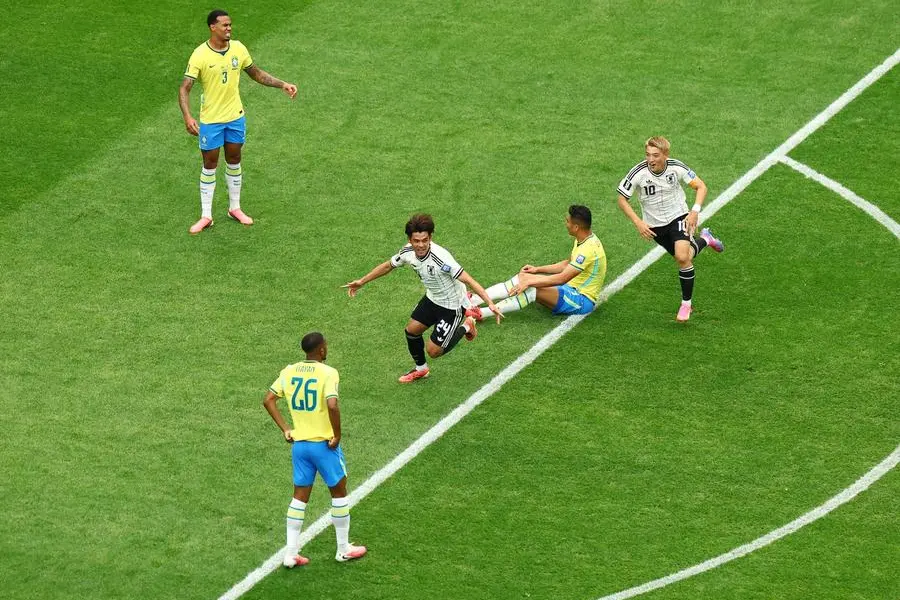 Soccer Football - FIFA World Cup 2026 - Round of 32 - Brazil v Japan - Houston Stadium, Houston, Texas, U.S. - June 29, 2026 Japan's Kaishu Sano celebrates scoring their first goal REUTERS/Pedro Nunes