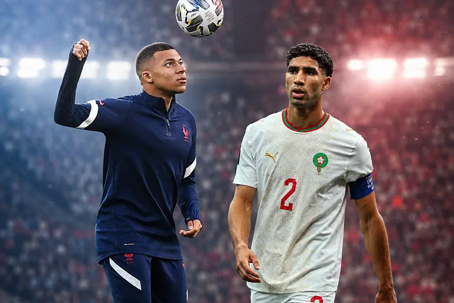 Kylian Mbapp\\u00E9 Lottin e, a destra, Achraf Hakimi Mouh, i due calciatori simbolo di Francia e Marocco.