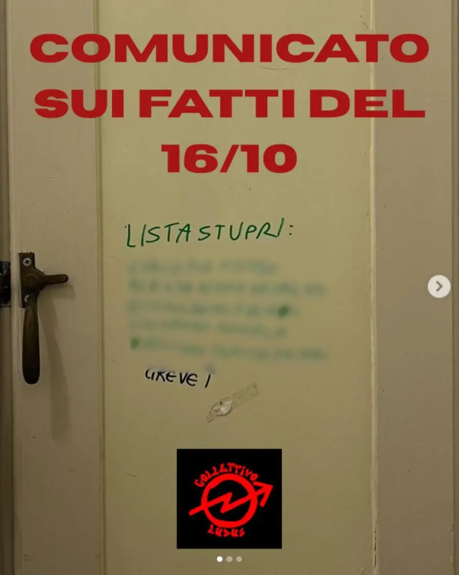 A distanza di meno di un anno dalla lista stupri apparsa al liceo Giulio Cesare di Roma gli studenti del collettivo del Righi denunciano la comparsa di una lista stupri nella sede di via Boncomagni della loro scuola, con i nomi di ragazzi che frequentano o hanno frequentato l'istituto insieme ad una svastica fatta con lo stesso pennarello che copre una scritta di solidarietà per il popolo palestinese. \\\"E' un gesto inaccettabile ma è anche il frutto di una mentalità patriarcale profondamente radicata nella nostra società\\\", affermano gli studenti. INSTAGRAM/collettivoludusrighi +++ ATTENZIONE: L'ANSA NON POSSIEDE I DIRITTI DI QUESTA FOTO CHE NON PUO' ESSERE PUBBLICATA SENZA L'AUTORIZZAZIONE DELLA FONTE DI ORIGINE CUI SI RINVIA +++ NPK +++