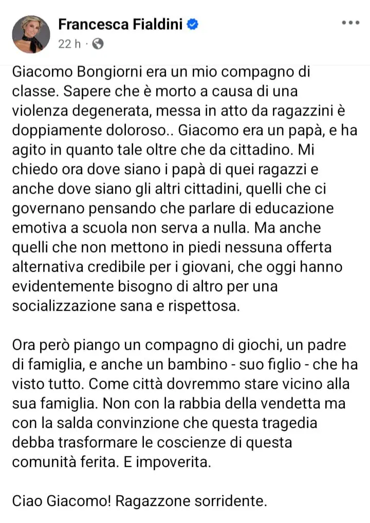 The post by journalist and presenter Francesca Fialdini on Facebook