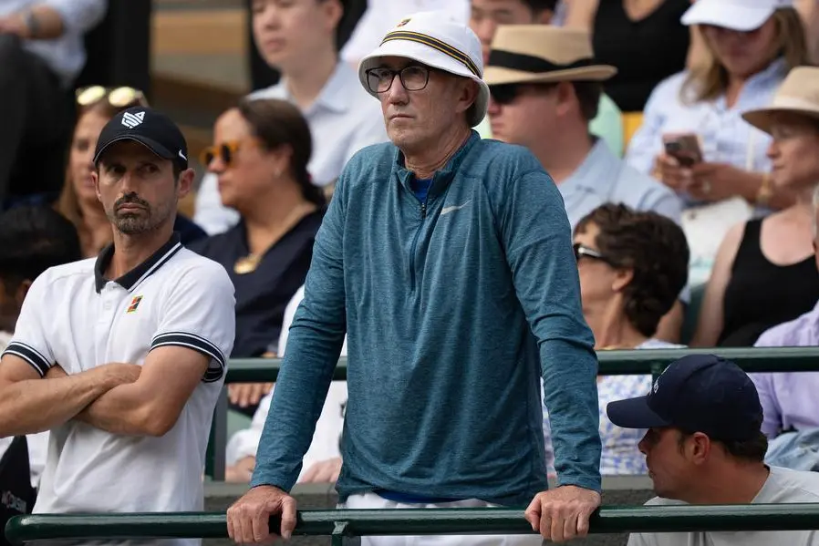 Jul 9, 2025; Wimbledon, United Kingdom; Darren Cahill, coach of Jannik Sinner of Italy (not pictured) in attendance for his match against Ben Shelton of the United States (not pictured) on day 10 at All England Lawn Tennis and Croquet Club. Mandatory Credit: Susan Mullane-Imagn Images