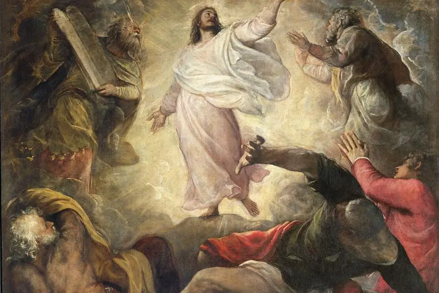 FTB367748 The Transfiguration of Christ (oil on panel) by Titian (Tiziano Vecellio) (c.1488-1576); Chiesa de San Salvador, Venice, Italy; (add.info.: Transfigurazione di Cristo; event in the Synoptic Gospels in which Jesus transfigured upon Mount Tabor and spoke with Moses and Elijah;); \\u00A9 Francesco Turio Bohm. All rights reserved 2025. , Bridgeman Images