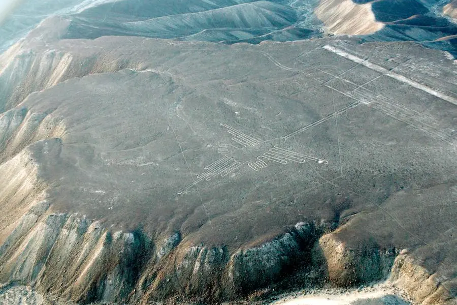 An aerial view shows the Humming Bird Nazca Lines in the Nazca desert in this October 5, 2005, file photo. At least seven people died on Thursday as a small plane carrying tourists over Peru's famed Nazca lines crashed into the desert, officials said after the latest mishap in the country's tourism industry. REUTERS/Mariana Bazo (PERU - Tags: TRANSPORT DISASTER TRAVEL)