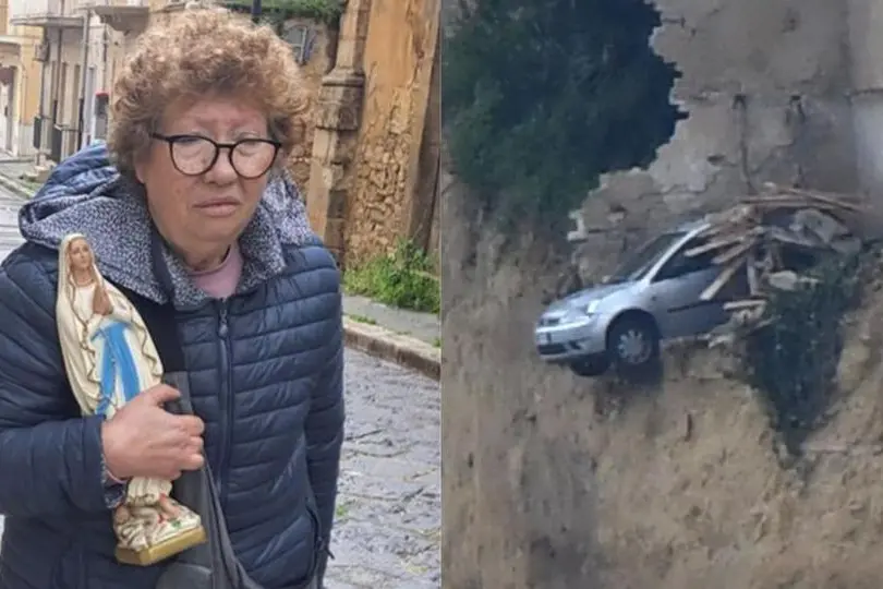 Una signora costretta ad abbandonare la propria casa nella zona rossa e un\\'immagine della frana a Niscemi