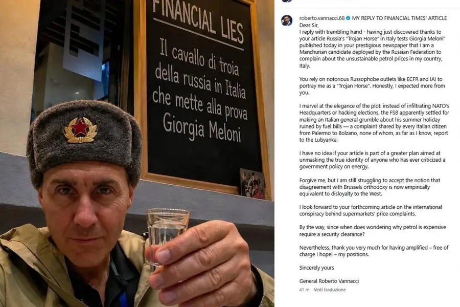 Roberto Vannacci risponde al Financial Times sui suoi canali social, ironizzando con una lettera aperta, 2 settembre 2026. Instagram/Roberto Vannacci , ANSA