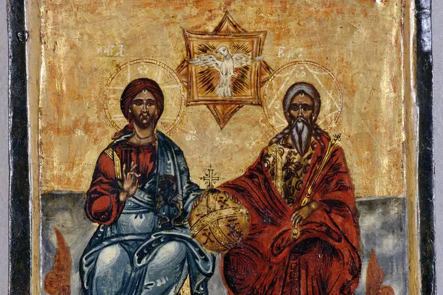 BFM286726 Icon from Crete depicting the Holy Trinity (tempera on wood) by Greek School, (18th century); 30.3x24.4 cm; Lindenau Museum, Altenburg, Germany; (add.info.: Die Allerheiligste Dreifaltigkeit;); Bildarchiv Foto Marburg. , Bridgeman Images