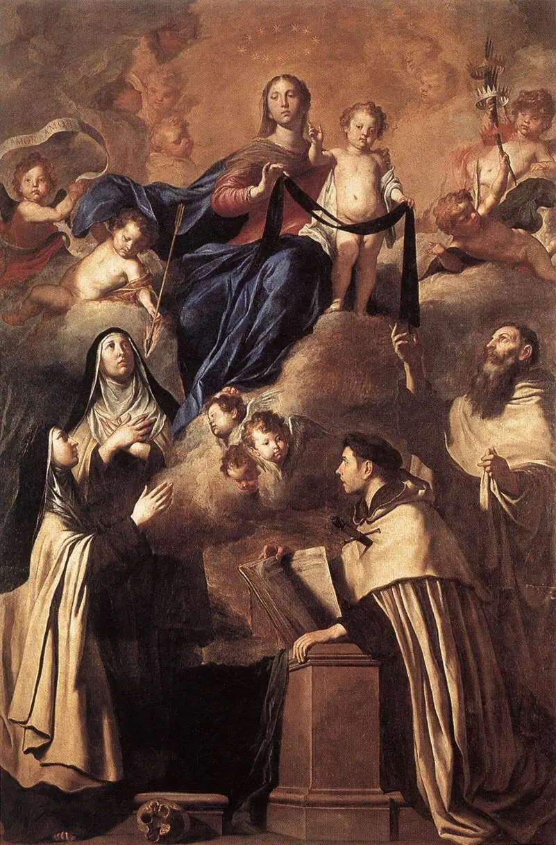 Pietro Novelli, Our Lady of Mount Carmel delivers the scapular of the order to saints Simone Stock, Angelo da Gerusalemme, Maria Maddalena de' Pazzi and Teresa D'Avila