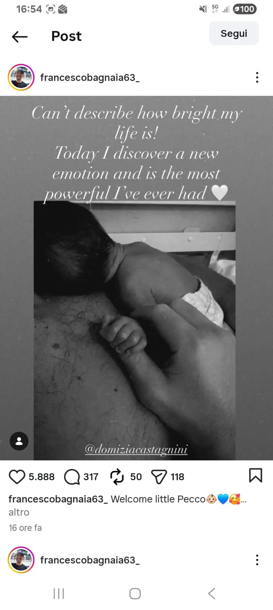 The post on Bagnaia's official page announcing the birth of his son