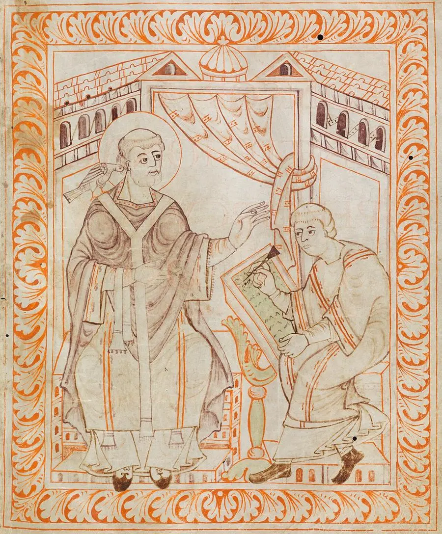 Hartker di San Gallo, San Gregorio Magno ispirato dalla colomba dello Spirito Santo, 990-1000 circa, miniatura, Antifonario di Hartker, San Gallo. La miniatura raffigura Gregorio mentre detta i canti liturgici allo scriba, con la colomba dello Spirito Santo posata sulla spalla. Il manoscritto, capolavoro della miniatura ottoniana e della notazione neumatica sangallese, è conservato nella Biblioteca dell'Abbazia di San Gallo