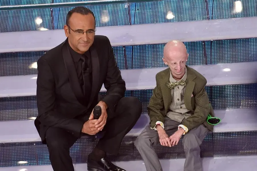 Carlo Conti with Sammy Basso guest at the 2015 Sanremo Festival
