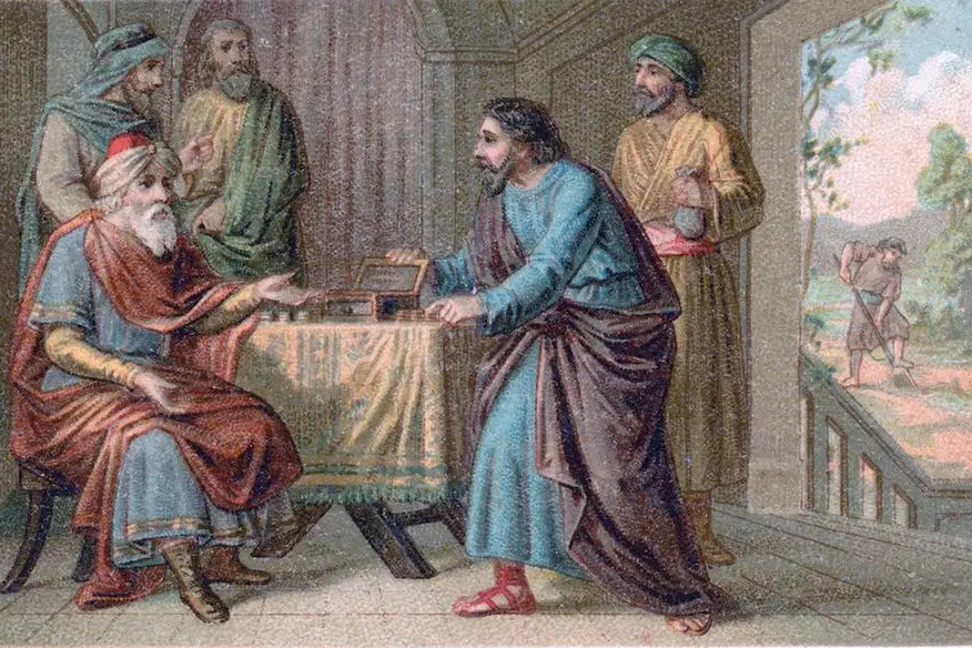 LLR5238966 Episode in life of Jesus Christ (chromolitho) by French School, (19th century); Private Collection; (add.info.: Episode in life of Jesus Christ. Bible education card, late 19th century.); Look and Learn / Rosenberg Collection. , Bridgeman Images