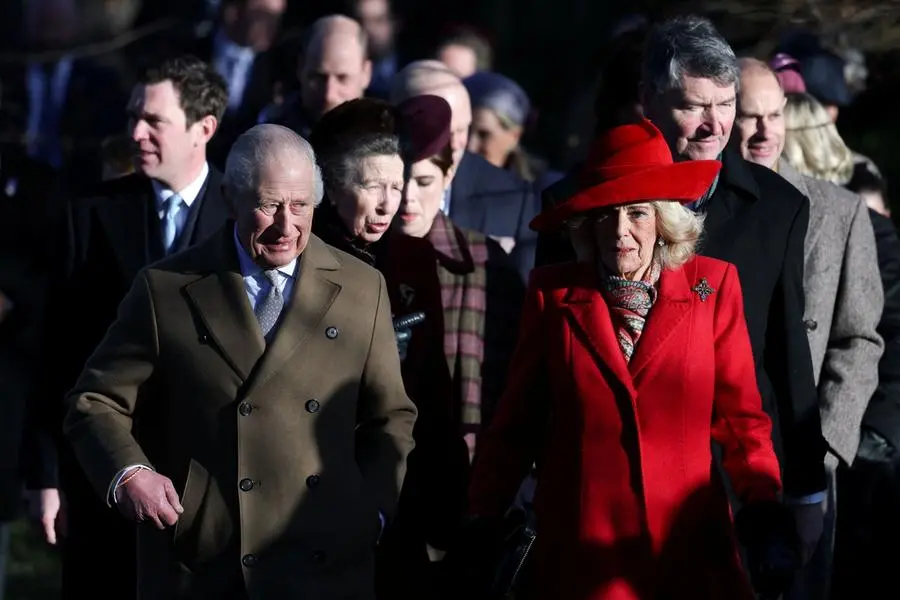 Britain's King Charles and Queen Camilla, along with members of the royal family, arrive to attend the Royal Family's Christmas Day service at St. Mary Magdalene's church, as the royals take residence at the Sandringham estate in eastern England, Britain, December 25, 2025. REUTERS/Hannah McKay