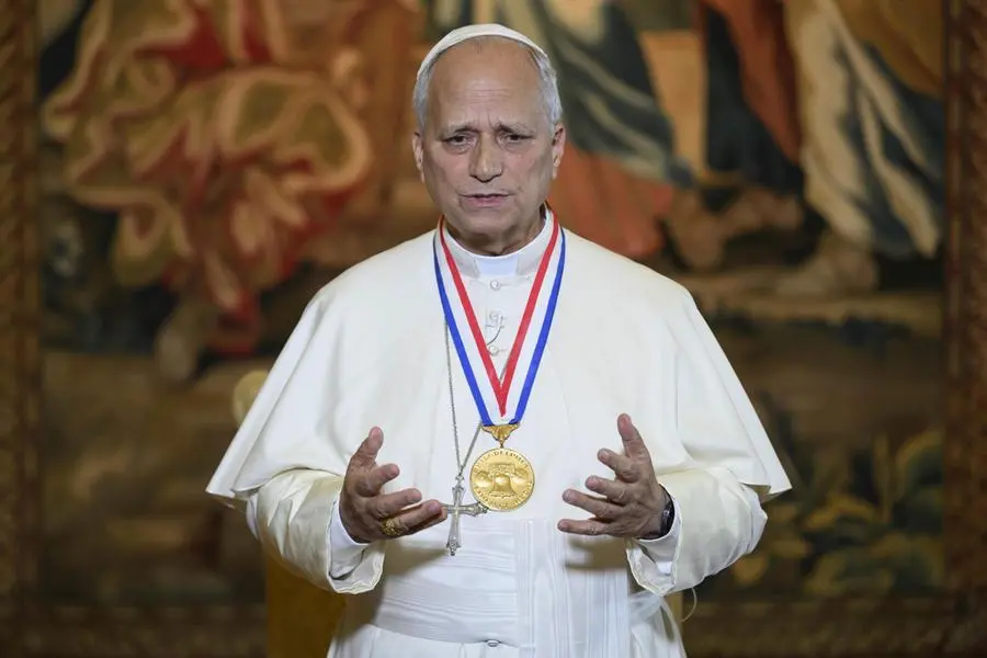 Papa Leone XIV durante il discorso dopo aver ricevuto la Liberty Medal conferita dal National Constitution Center degli Stati Uniti. Il riconoscimento, giunto alla 38\\u00AA edizione, \\u00E8 stato assegnato in coincidenza con la vigilia del 250\\u00B0 anniversario dell\\u2019indipendenza americana , EPA