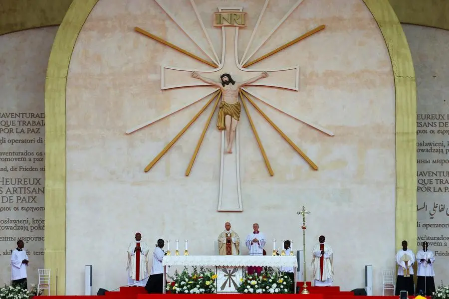 Pope Leo XIV holds a holy Mass at Malabo Stadium, on the last day of his apostolic journey, in Malabo, Equatorial Guinea, April 23, 2026. REUTERS/Guglielmo Mangiapane