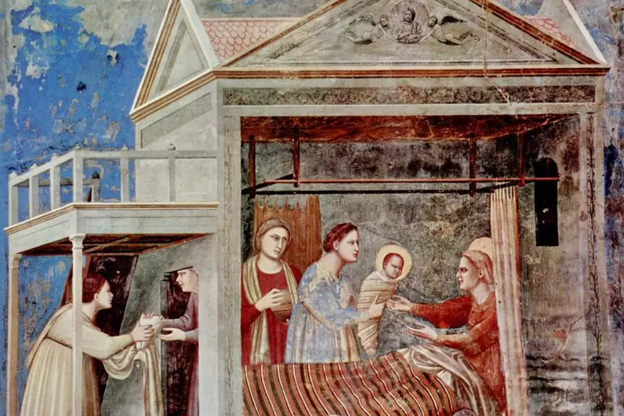 Giotto, Natività di Maria Vergine, 1303-1305 circa, affresco, Cappella degli Scrovegni (Cappella dell’Arena), Padova. L’opera fa parte del ciclo delle Storie della Vergine, realizzato da Giotto all’inizio del XIV secolo