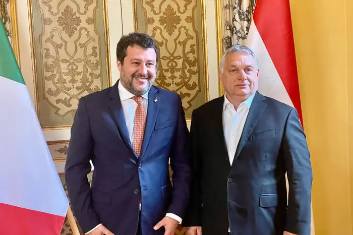 Un momento dell\\'incontro tra il leader della Lega Matteo Salvini e il primo ministro ungherese Viktor Orban, Roma, 21 aprile 2022. ANSA , ANSA