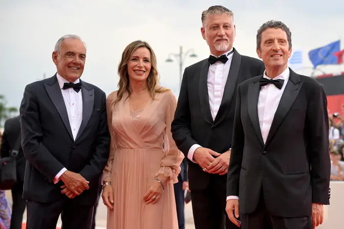 Il direttore del Festival Alberto Barbera, il sottosegretario alla Cultura Lucia Borgonzoni, il ministro della Cultura Alessandro Giuli e il presidente della Biennale, Pietrangelo Buttafuoco, arrivano per la cerimonia di apertura e la proiezione di 'La Grazia' dell'82ª Mostra Internazionale d'Arte Cinematografica di Venezia, a Venezia, Italia, il 27 agosto 2025
