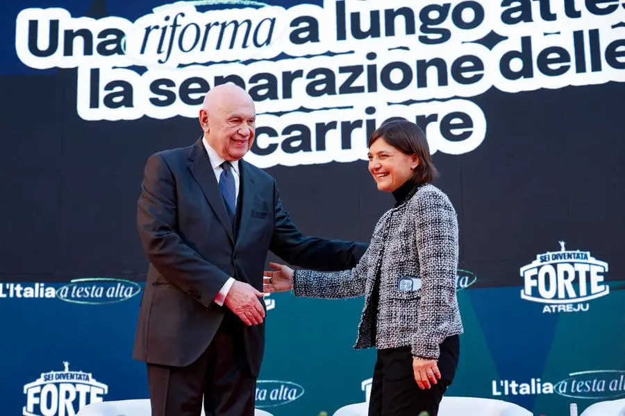Il ministro della Giustizia Carlo Nordio con Debora Serracchiani delPartito Democratico a un dibattito sulla Giustizia. , ANSA