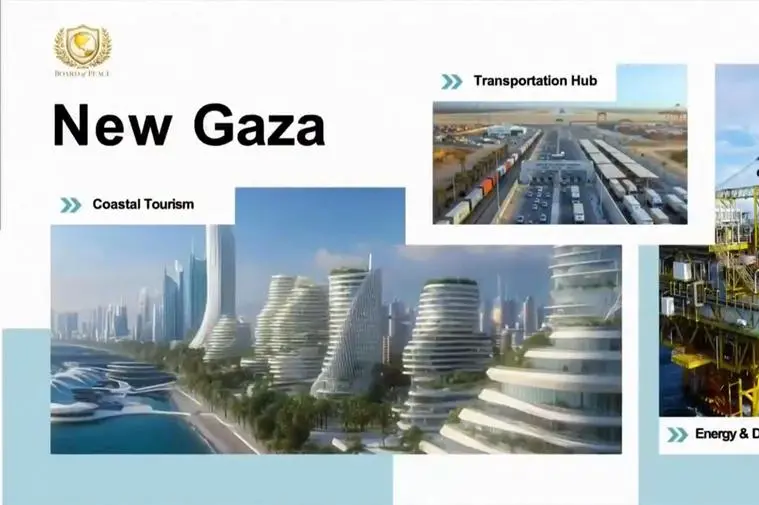 Un frame tratto dalla diretta video della Casa Bianca mostra una delle slides mostrate dal genero di Donald Trump Jared Kushner, nel suo intervento a Davos in occasione della firma del Board of Peace. Viene rappresentato il \\'piano generale per Gaza\\', che afferma Kushner, sar\\u00E0 realizzato in tre anni e in in fasi, tra cui \"alloggi per i lavoratori, occupazione al 100% e opportunit\\u00E0 per tutti\" anche per il turismo costiero , ANSA
