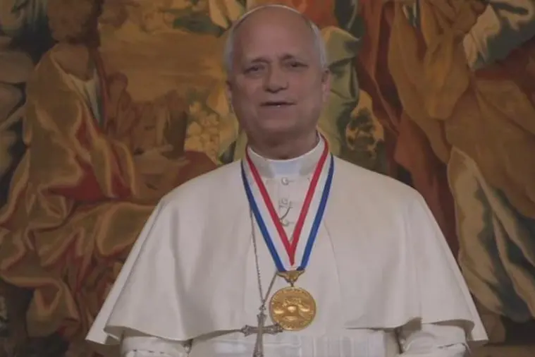 Papa Leone XIV durante il discorso di accettazione della \"Liberty Medal\" alla vigilia del 4 luglio, la festa dell\\'Indipendenza americana e di cui quest\\'anno ricorrono i 250 anni