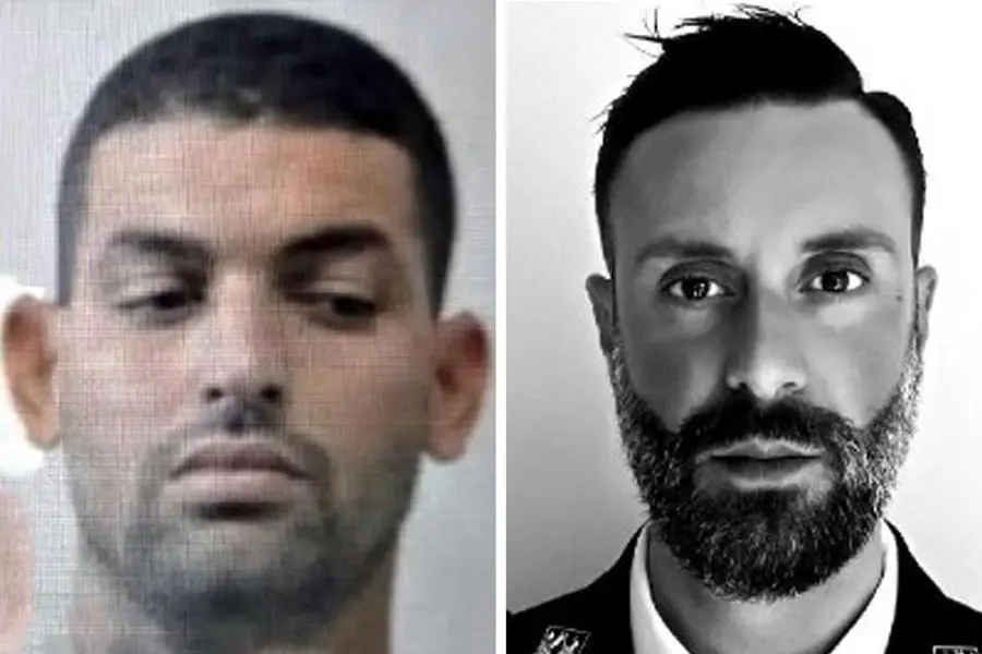 Le fototessere di Abderrahim Mansouri, il pusher ucciso (a sinistra), e del poliziotto omicida Carmelo Cinturrino.