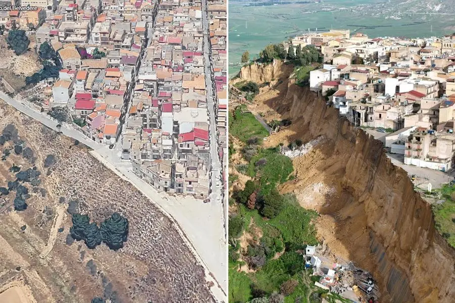 A sinistra Niscemi ripresa da Google Earth nel 2025 confrontata con una foto aerea scattata il 26 gennaio con la frana in corso , ANSA