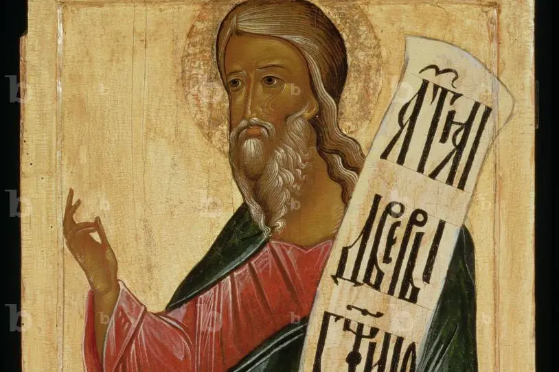 MKG146983 The Prophet Ezekiel (silver gilt and tempera on panel) by Moscow School, (17th century); Private Collection; (add.info.: fl. early 6th century BC;); Mark Gallery, London, UK. , Bridgeman Images