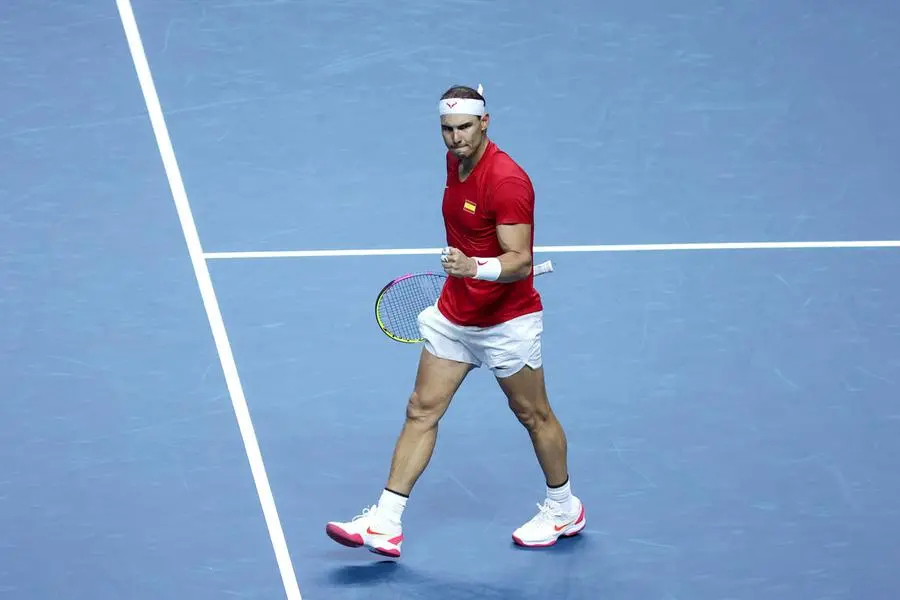 epa11729636 Rafael Nadal of Spain reacts in his match against Botic Van de Zandschulp of the Netherlands during the Davis Cup quarterfinal between Netherlands and Spain at the Jose Maria Martin Carpena Sports Palace in Malaga, Spain, 19 November 2024. EPA/Daniel Perez