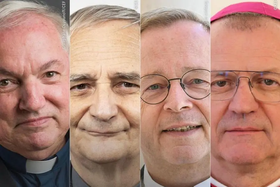 Da sinistra: il cardinale francese Aveline, il cardinale Zuppi, il vescovo tedesco Baetzing e quello polacco Wojda , ANSA