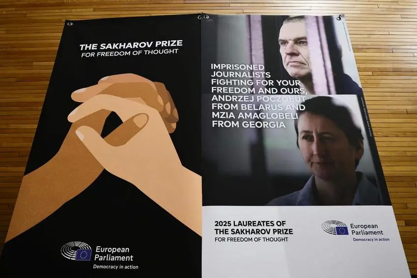 Le foto dei giornalisti vincitori del Premio Sakharov 2025 Mzia Amaghlobeli e Andrzej Poczobut. , ANSA