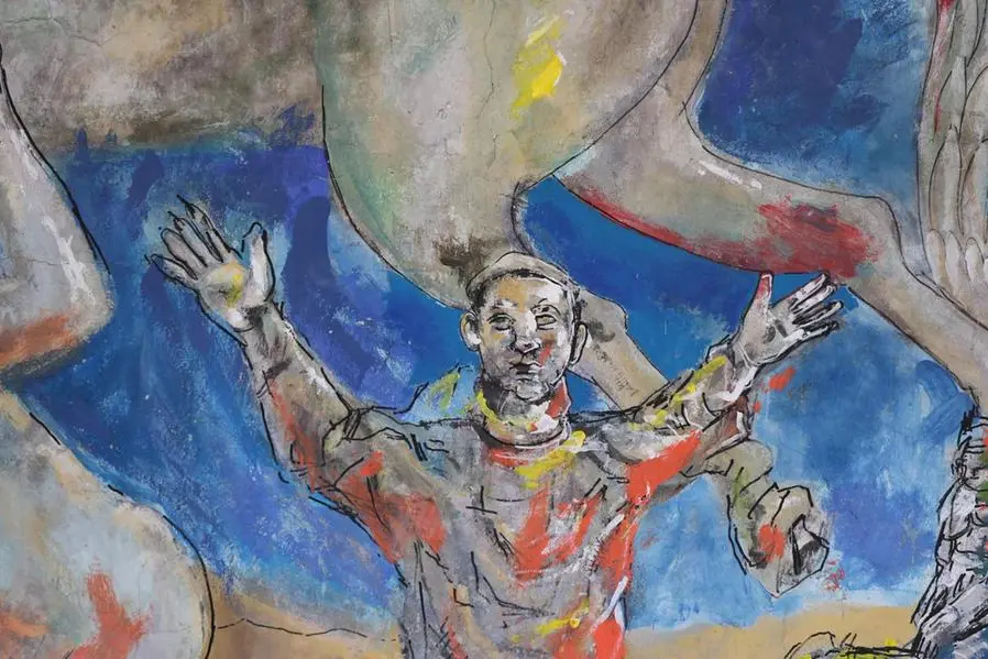 Il grande affresco dedicato a San Francesco, una delle quattro opere inedite al grande pubblico di Dario Fo, che si trovano nel parco museo della Libera Repubblica di Alcatraz nel territorio comunale di Gubbio. In questa opera Dario Fo parte per immaginare quello che diventer\\u00E0 il fondale dello spettacolo \"Lu santo jullare Francesco\". , ANSA