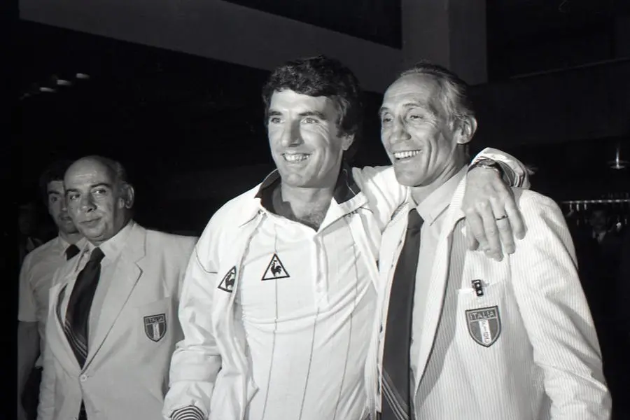 A file photo shows former Italian head coach of Italian soccer team, Enzo Bearzot (R), poses for a photo with former Italian goalkeeper Dino Zoff (C) during the 1982 Soccer World Championship. ANSA