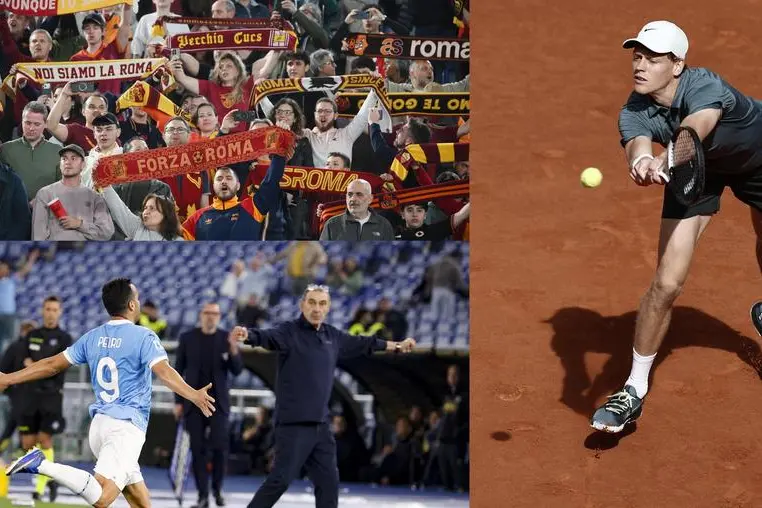Fotomontaggio con tifosi della Roma, Maurizio Sarri, tecnico della Lazio e Jannik Sinner da foto Ansa