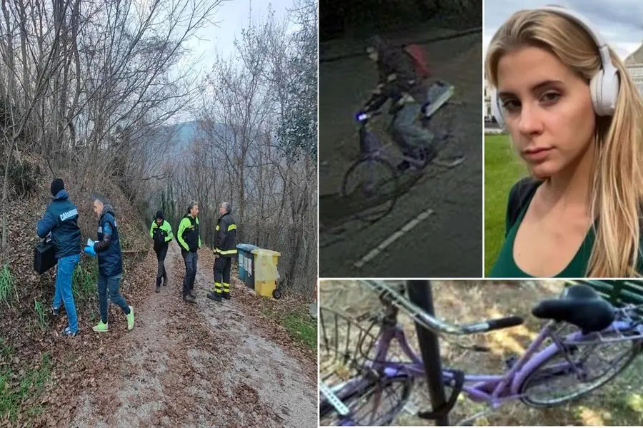 Nella combo, a sinistra il bosco in cui stato ritrovato il corpo di Annabella Martinelli; in alto, da sx un fermo immagine della videosorveglianza che ritrae i movimenti in bicicletta di Annabella Martinelli tra Padova e Teolo, la notte del 6 gennaio scorso; Annabella Martinelli, in una foto tratta dal volantino diffuso dalla famiglia; in basso, la bicicletta di Annabella Martinelli