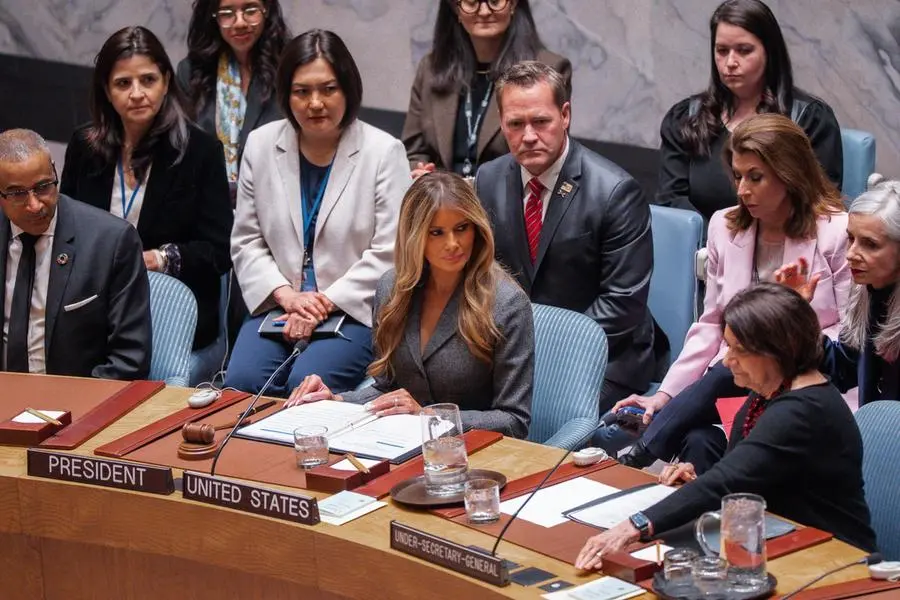 epa12790706 US First Lady Melania Trump (C) presides over a UN Security Council meeting in New York, New York, USA, 02 March 2026. EPA/OLGA FEDOROVA