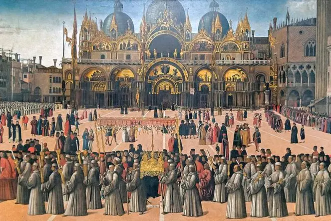 Gentile Bellini, Processione in piazza San Marco, 1496. Il dipinto raffigura la processione veneziana con la reliquia della Vera Croce ed è conservato alle Gallerie dell’Accademia di Venezia
